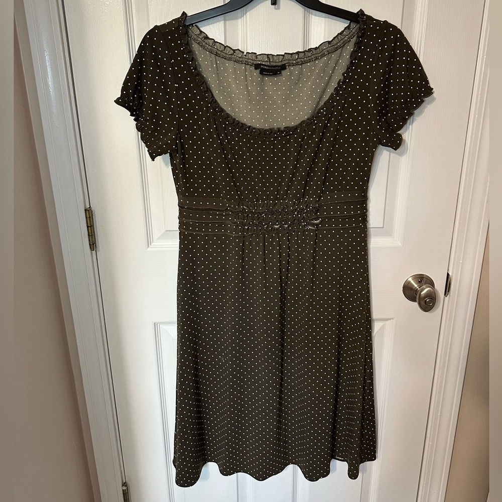BCBGMaxAzria Feminine Flowy Dark Olive Dress with White Polka Dots